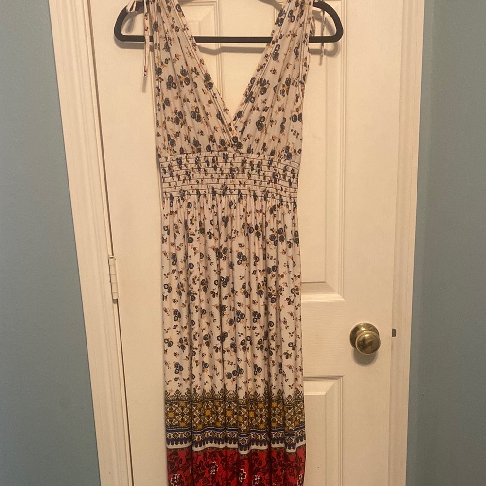 Floral Maxi Dress with Red and Blue Accents